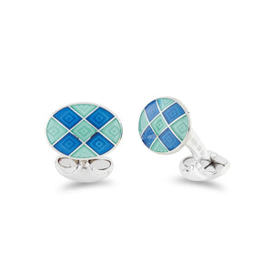 STERLING SILVER LIGHT BLUE AND TURQUOISE ENAMEL CHEQUER PATTERN CUFFLINKS
