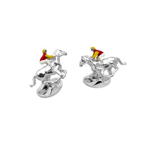 STERLING SILVER RED AND YELLOW HORSE & JOCKEY CUFFLINKS