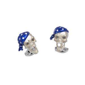 STERLING SILVER PIRATE SKULL CUFFLINKS WITH BLUE BANDANA AND SAPPHIRE EYES
