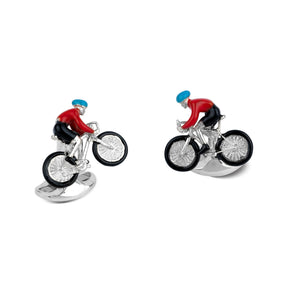STERLING SILVER BIKE AND RIDER CUFFLINKS WITH BLUE AND RED ENAMEL DETAILING